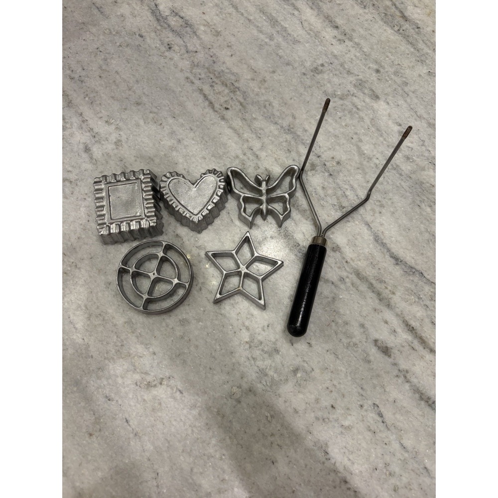 Vintage Rosette Timbale Iron Set 5 Molds Heart Star Butterfly Square Rou